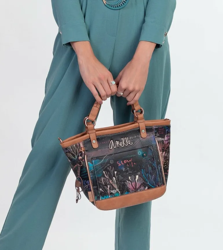 Best Sale Anekke Shopper Ovalada Negra Con Bandolera Coral